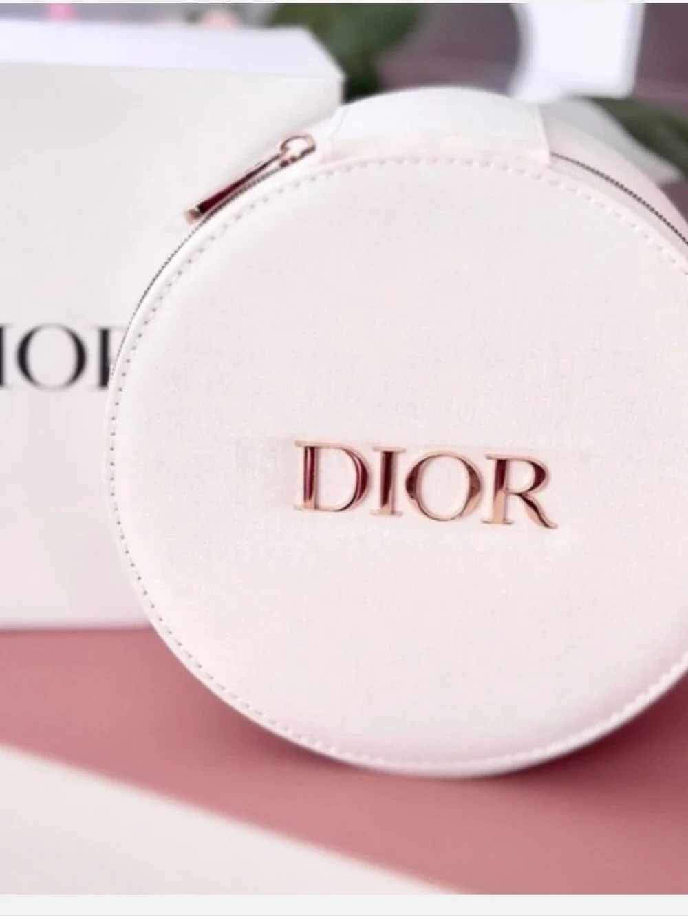 New W Box Dior Denium Round  Solid Cosmetic Case, Gold Zipper.  Small - Medium